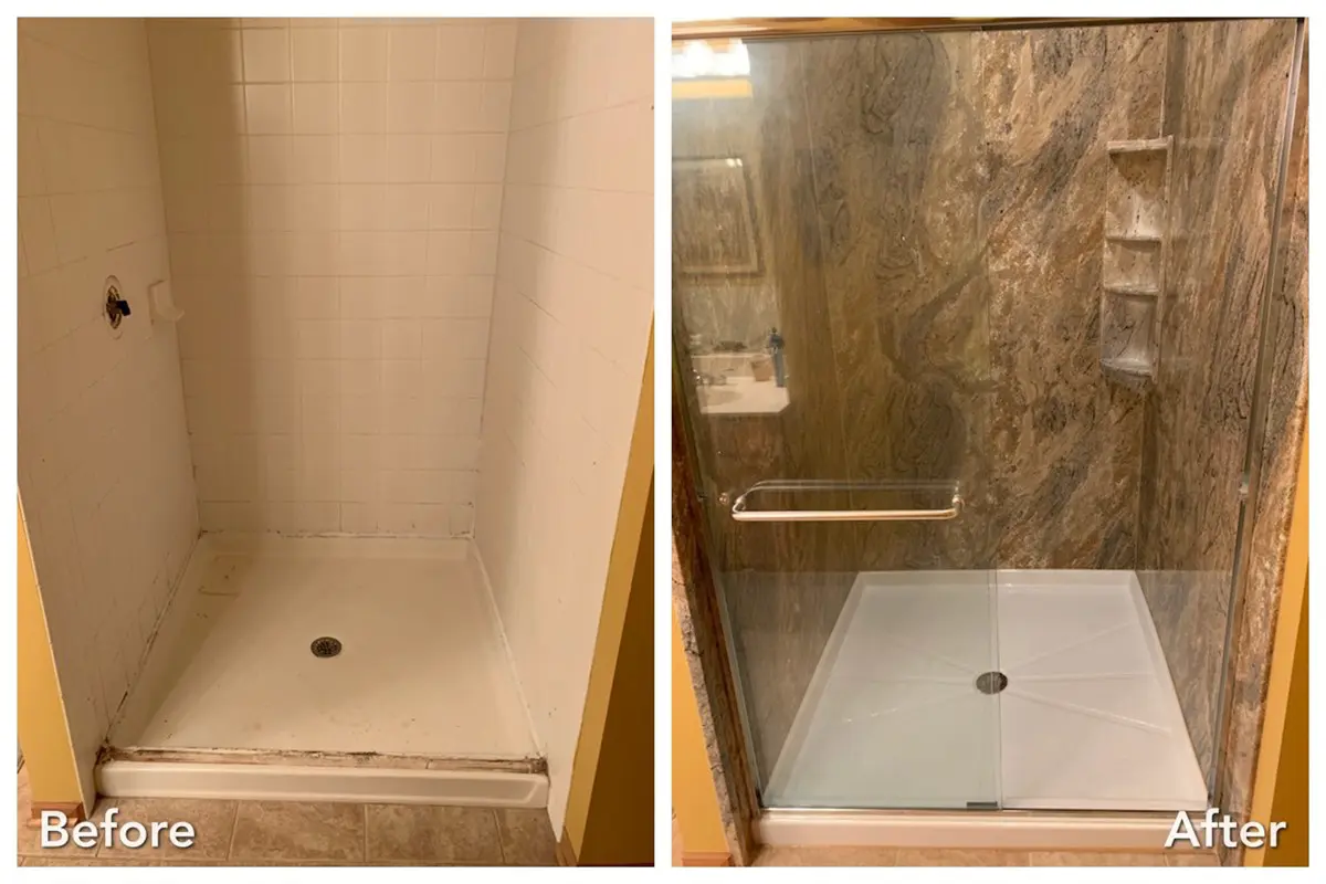 Before and after: White Tile to Stone Shower in Port Washington, Nassau County