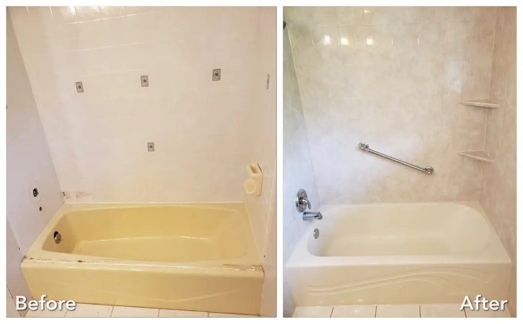Before and after: Yellow Tub to White Tub Surround in New Cassel, Nassau County
