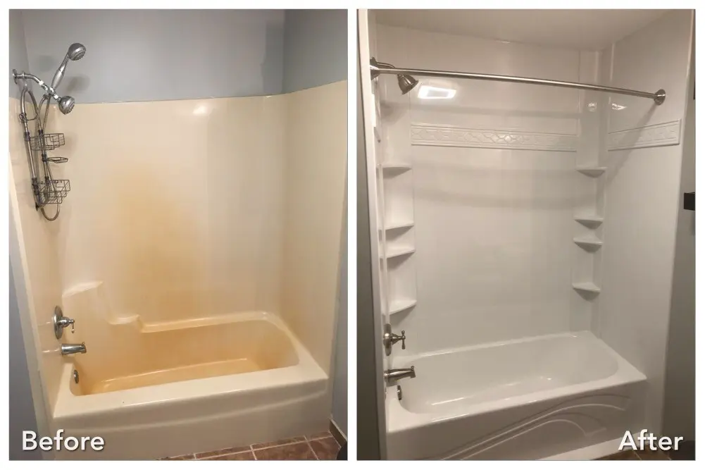 Before and after: Yellowed Tub to White Surround with Shelves in Sayville, Suffolk County